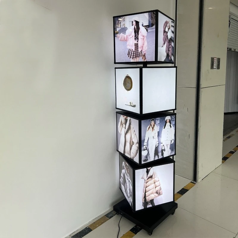 4 lati, 4 piani, 16 poster, display rotante, cartello menu personalizzato dal pavimento al soffitto, scatola luminosa pubblicitaria a cubo, luce rotante