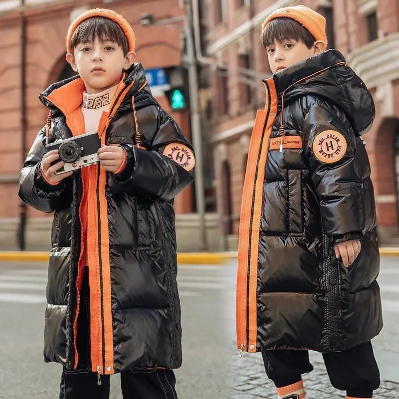 

Boy Long Parkas Winter Coat Padded Jacket 2024 New Clothes Fashion Hooded Warm Patchwork Side Children Outerwear High Quality