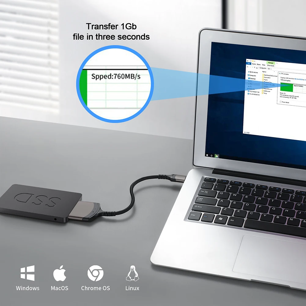 USB 3.0/نوع C إلى SATA Cord 7 + 15/22 Pin موصل الكمبيوتر يدعم Windows/MacOS/Chrome OS/Linux 1 Gbps لـ 2.5 بوصة SSD HDD
