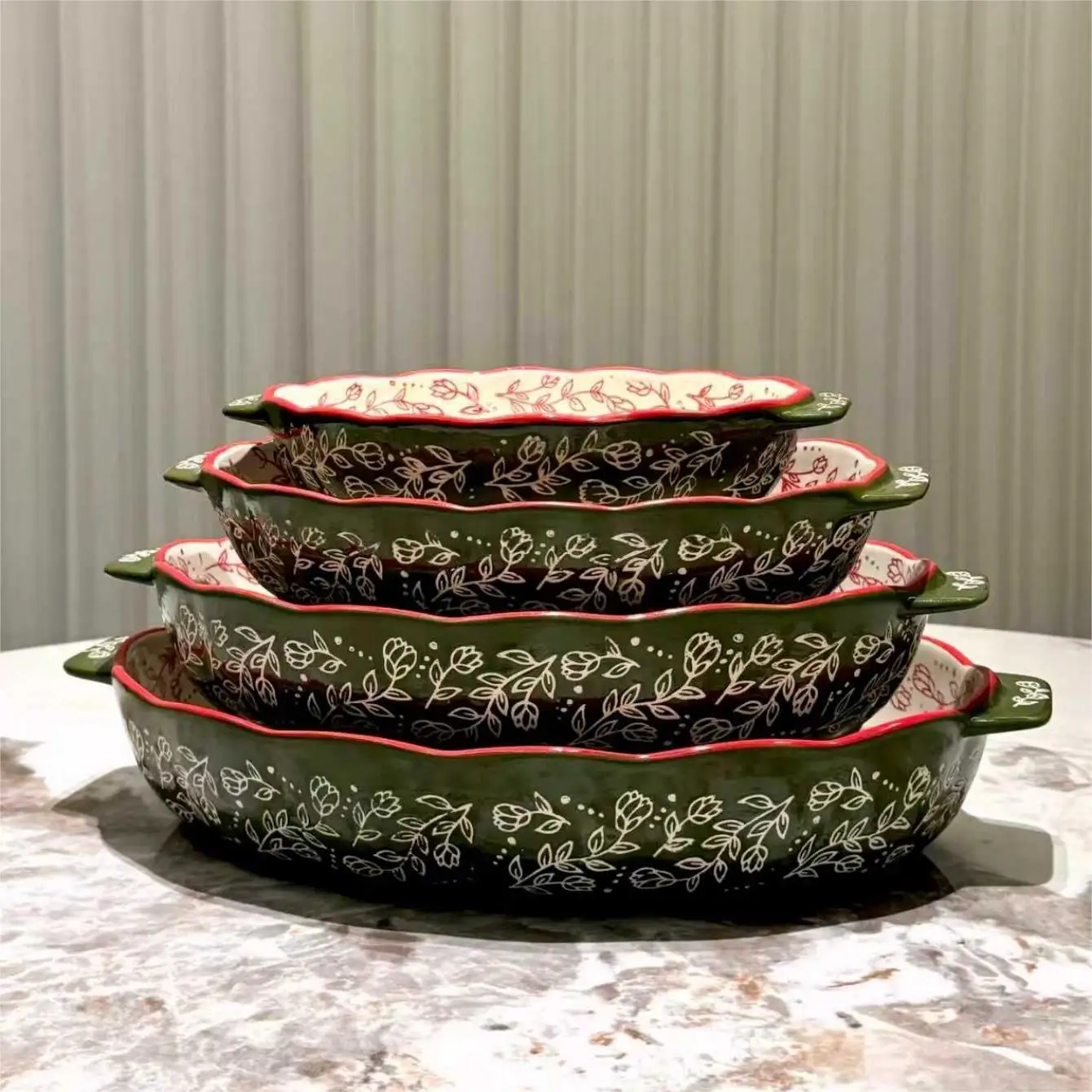 DSA Green Vintage Hand Painted Oval Ceramic Baking Tray BBQ Salad Dessert Cake Kitchen Cutlery Baking Tray