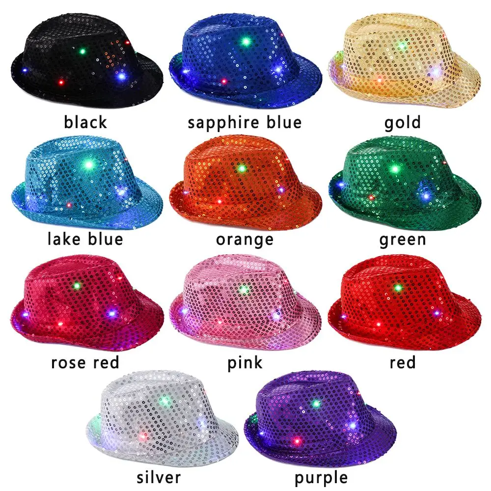 New Fashion Dress Dance Party Flashing Jazz Hat Led Fedora Trilby Sequin Panama Cap