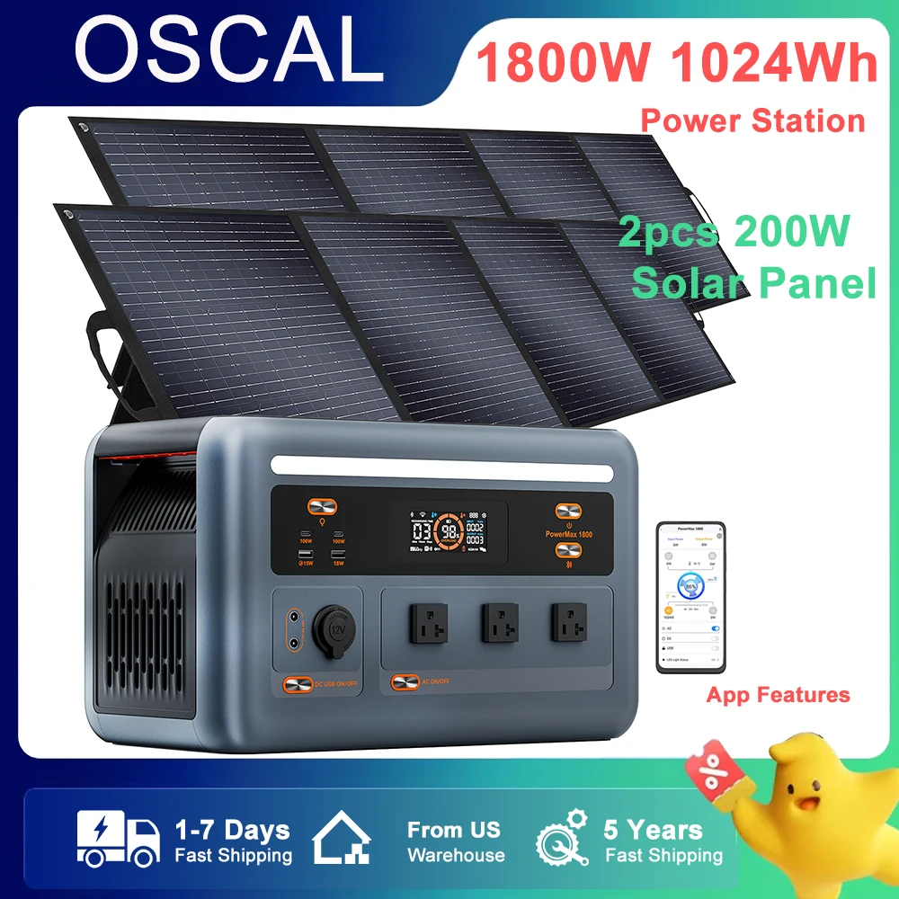 

OSCAL Camping Power Station With 2PS 200W Solar Panels App Features 11 Multi-Function Ports Expandable Capacity For Home Outdoor