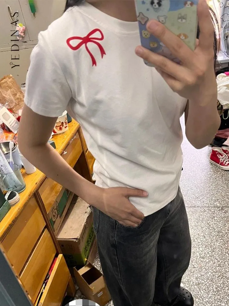 

Yedinas американские ретро футболки с принтом банта с графическим рисунком с коротким рукавом гранж Эстетическая Футболка женская одежда Y2k летние топы футболки шикарные