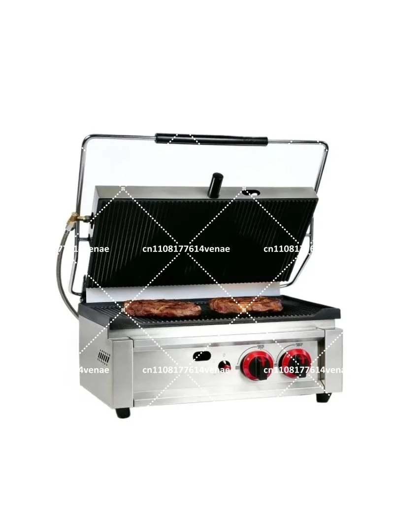 Commercial Sandwich Press with Ribbed Plates for Steak and Toast, BBQ Cooking