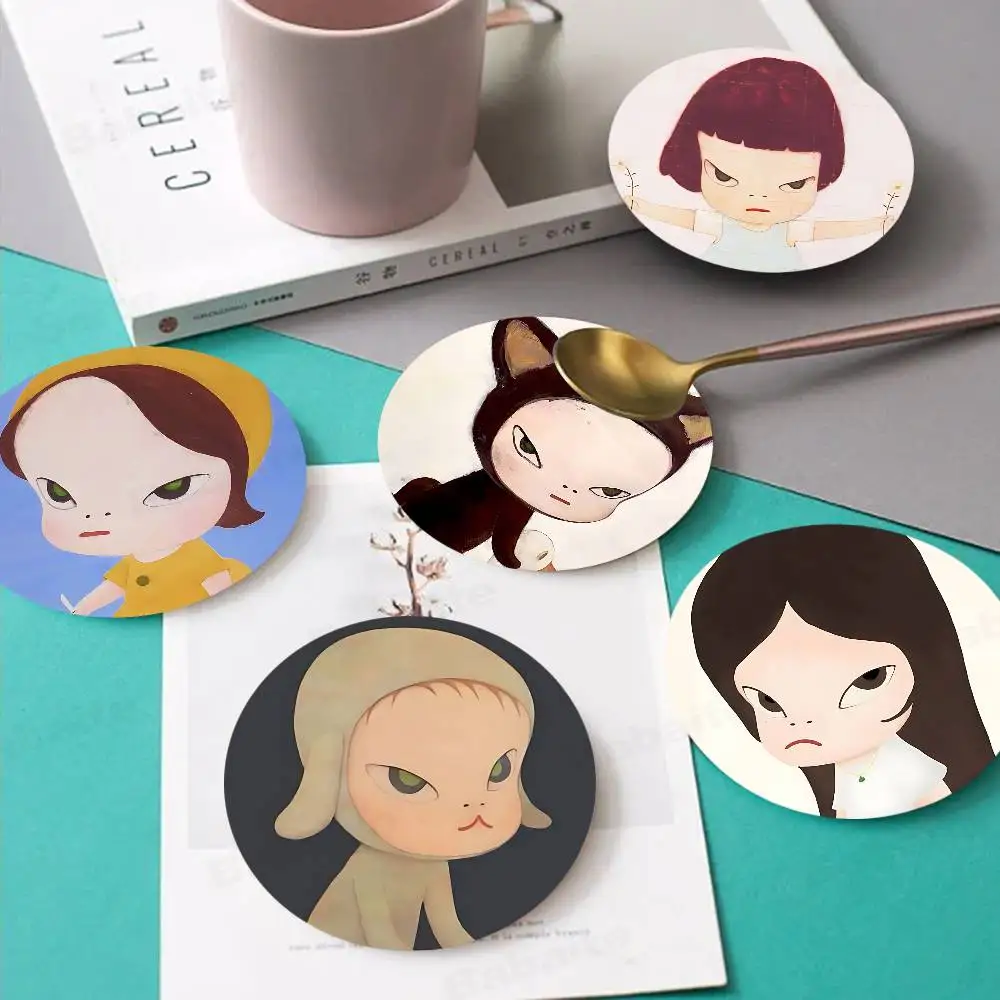 Cartoon Artist Y-Yoshitomo Nara Round Coasters Insulated Durable Cups Coaster Plate Mats Home and Decoration Kitchen Utensils