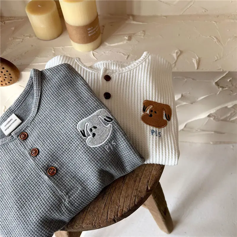 Children Boys Spring Top Round Collar Sweatshirt 1-6T Waffle Embroidery Baby Boy Tees Cotton Cartoon Long Sleeve Kid Boy T-shirt