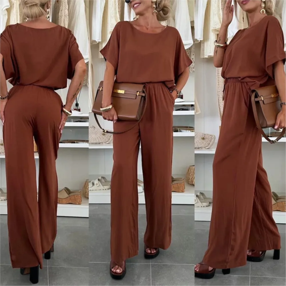 Estate Nuovo Casual O Collo a maniche corte Pantaloni lunghi da donna Set Moda Lace-up Allentato Pantaloni lunghi a gamba larga Ufficio femminile Set da 2 pezzi