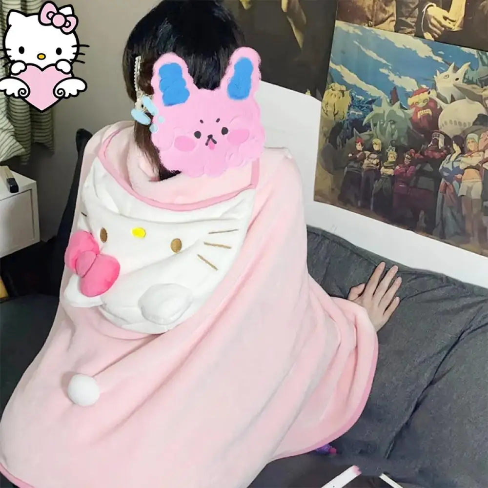 Anime Hello Kitty Cloak Sanrioed Plush Cape Kawaii Kt Hooded Blanket Shawl Quilt Hat Warm Soft Girls Cute Festival Birthday Gift