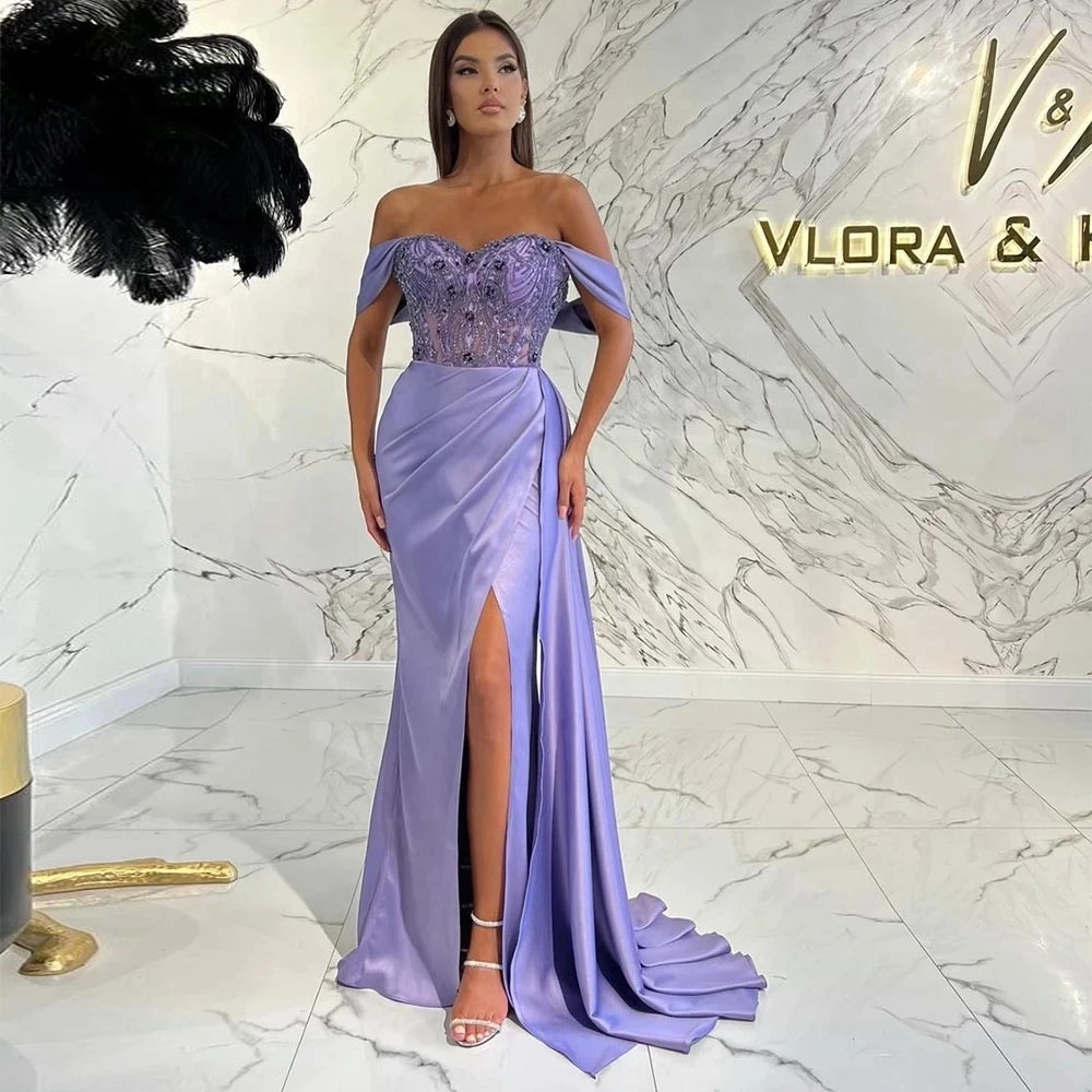 Vestidos de Noche morados para mujer, traje Sexy de sirena con hombros descubiertos, Apliques de encaje con abertura lateral, vestidos de fiesta de princesa, fiesta Formal de cóctel en la playa