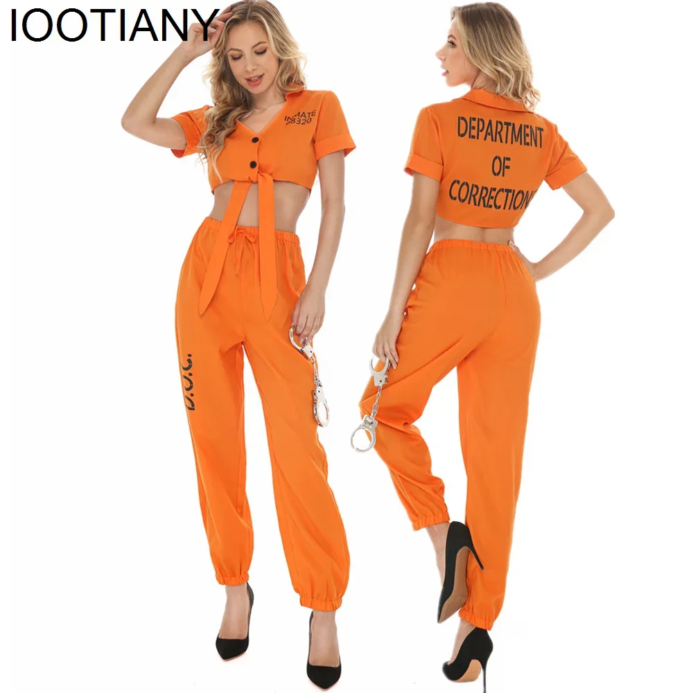 

CosplayHandcuffs Suit Uniform Cosplay Clothes For Party Halloween Adult Women's Orange Prisoner Costume Prison Outfits Top Pants