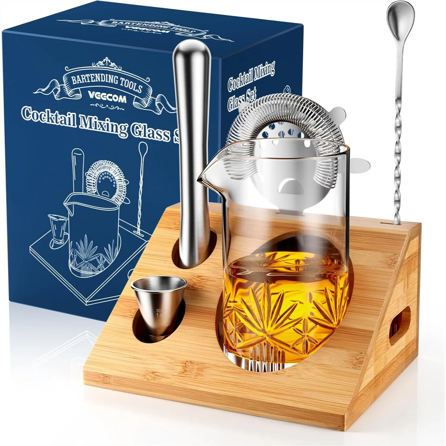 Juego de Vasos para Mezclar Cócteles con Colador, Muddler, Cuchara, Jigger y Soporte de Bambú - Kit Old Fashioned de 18oz para Bartenders Caseros