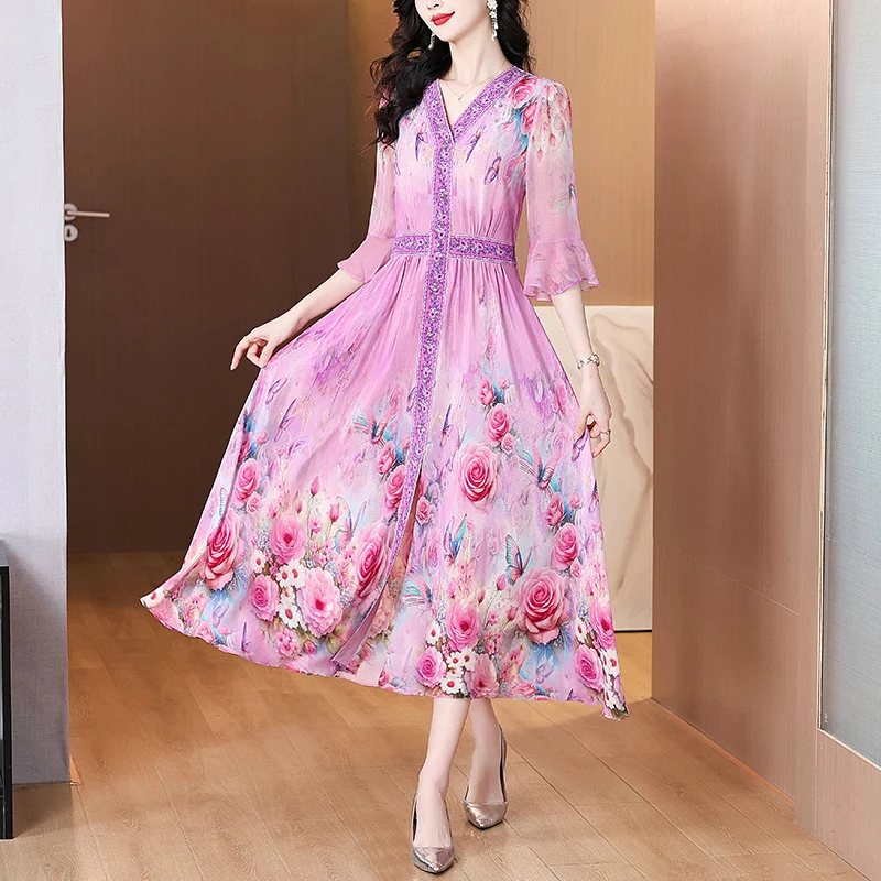 Summer Spring Holiday Boho Beach Hepburn Maxi Vestidos Women's Vintage Print Elegant Evening Prom 2025 Luxury Silk Midi Dress