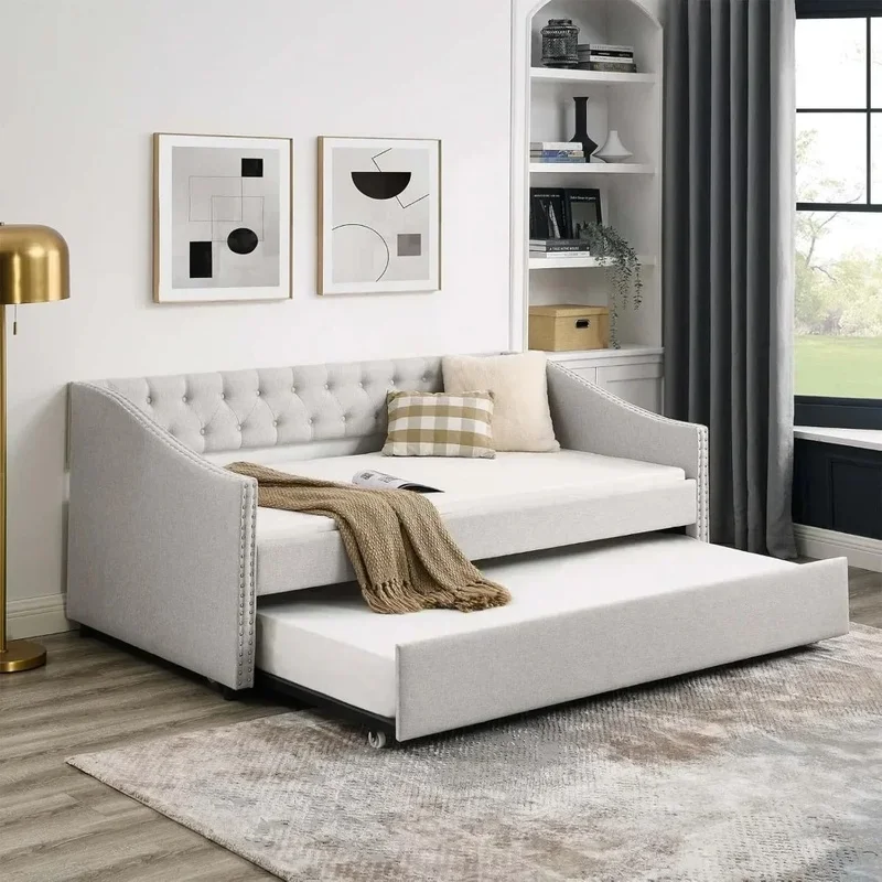 

Modern Velvet Upholstered Twin Size Daybed Frame with Trundle, Button-Tufted Sofa for Bedroom and Living Room