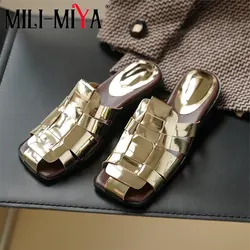 MILI-MIYA New Arrival Weave Upper Women Cow Leather Sandals Square Toe Thick Heels Slip On Solid Color Plus Size 34-40 Handmade