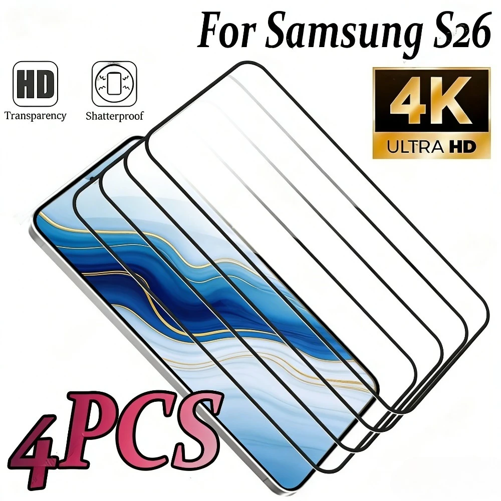 

4Pcs Full Cover Screen Protector for Samsung S26 S25 S24 Ultra S25 S26 Edge S24 S25 FE High Clear 9H Hardness Tempered Glass