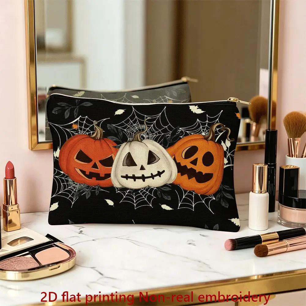 Portable Makeup Storage Pouch Jack-O'-Lantern Pattern Design, Zipper Closure Student Stationery Organizer Cosmetics Storage