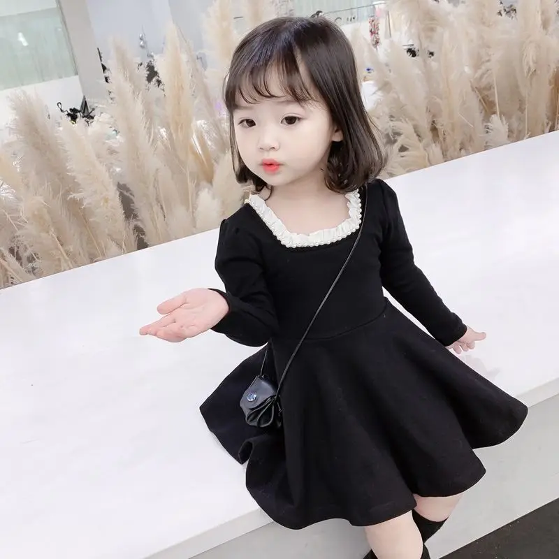 Kids Girls Autumn Dress 2024 New Arrival Children Casual Daily Dress Baby Girls Princess Cute Black Dress Korean Style