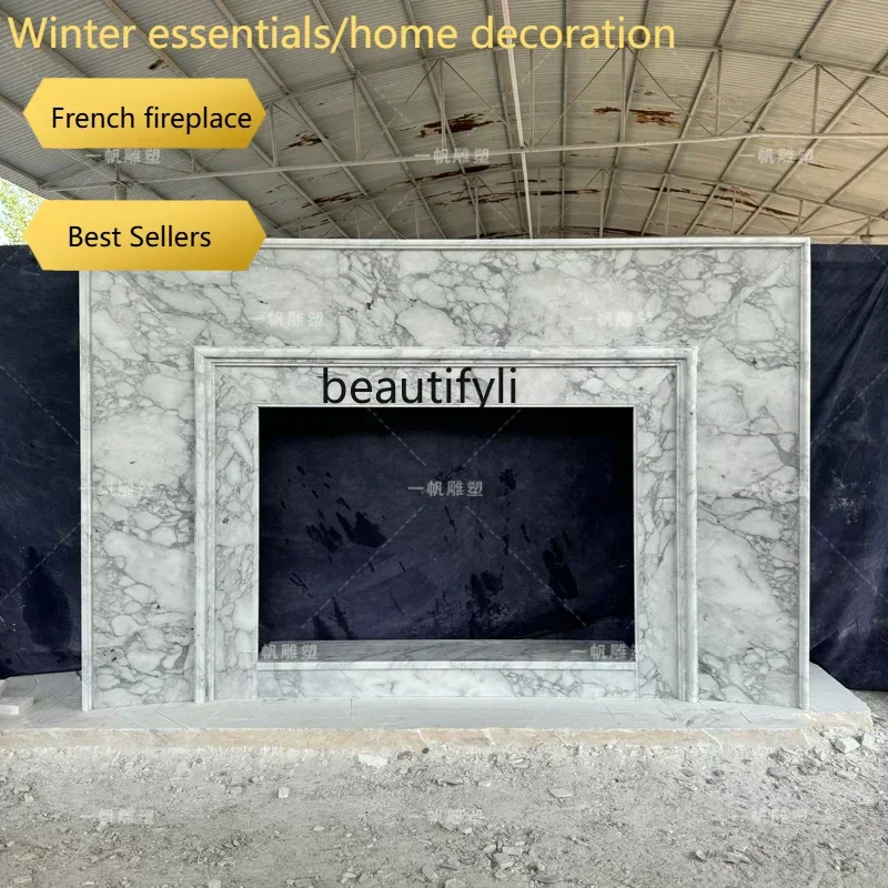 A95 French Style Natural White Marble Fireplace Mantel Large Stone Fireplace Surround Living Room TV Background Wall Home Decora