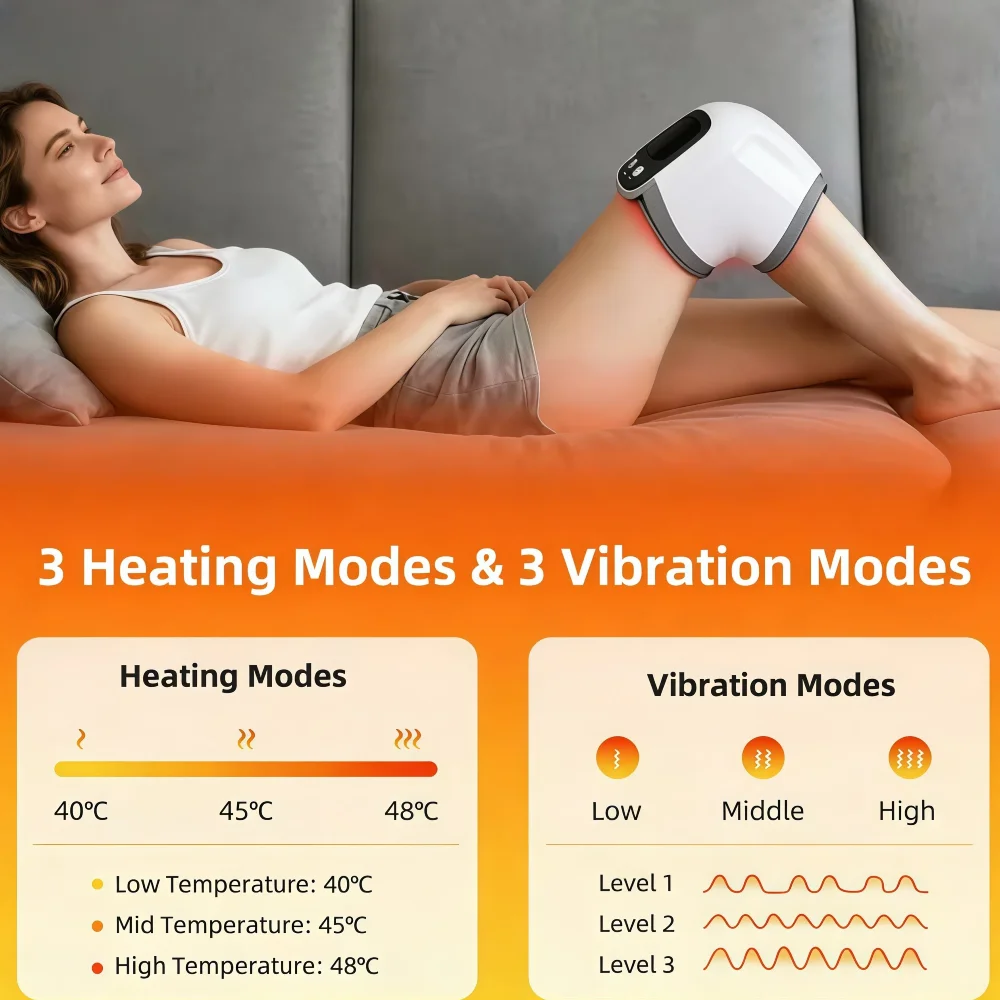 Hot Cordless Knee Massager Red Light and Massage Therapy with LED Screen 3 Levels Infrared Heat and Vibration Tools