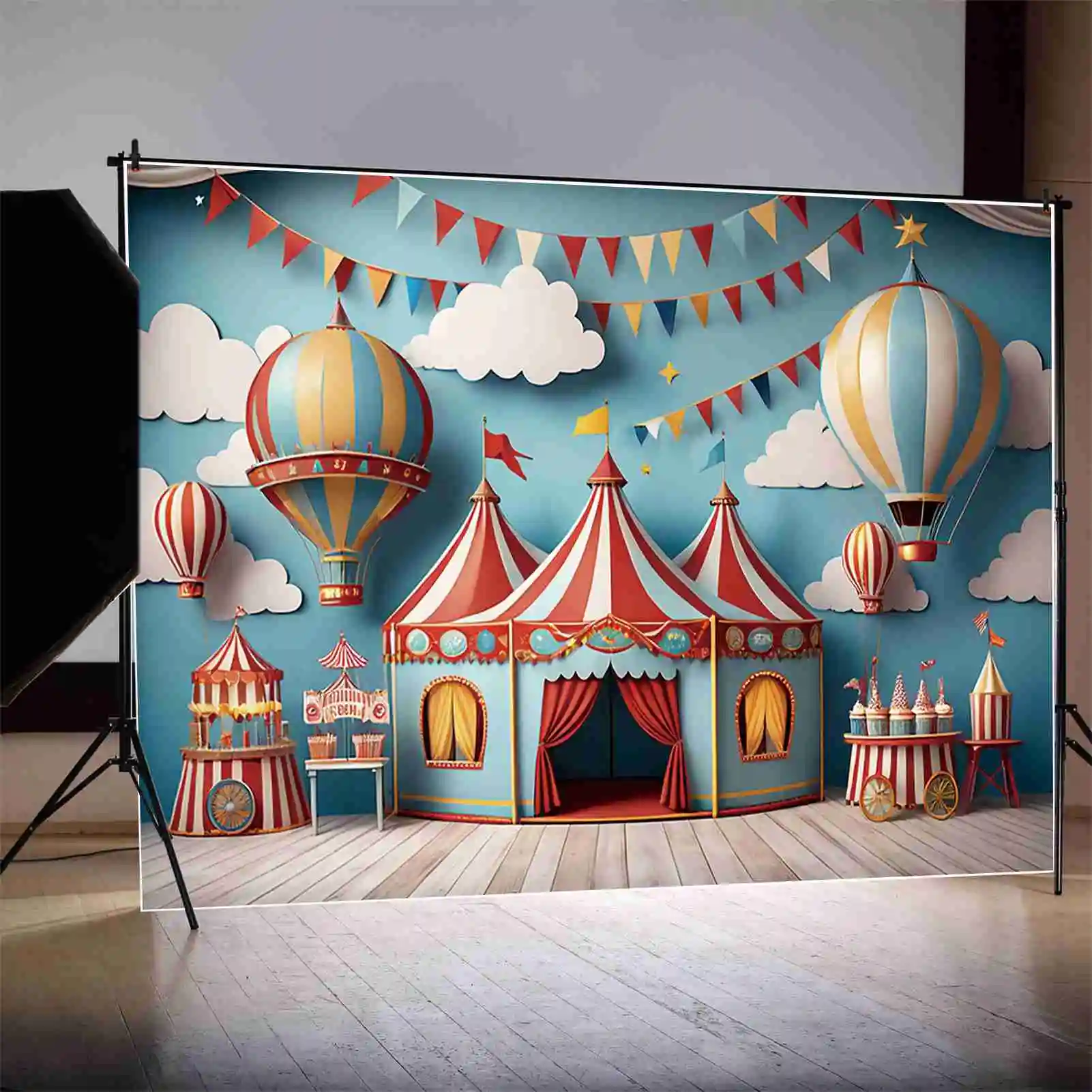 MOON.QG Circus Candy First Birthday Backdrops Child Carnival Tent Hot Air Balloon Background Party Decoration Photocall Supplies