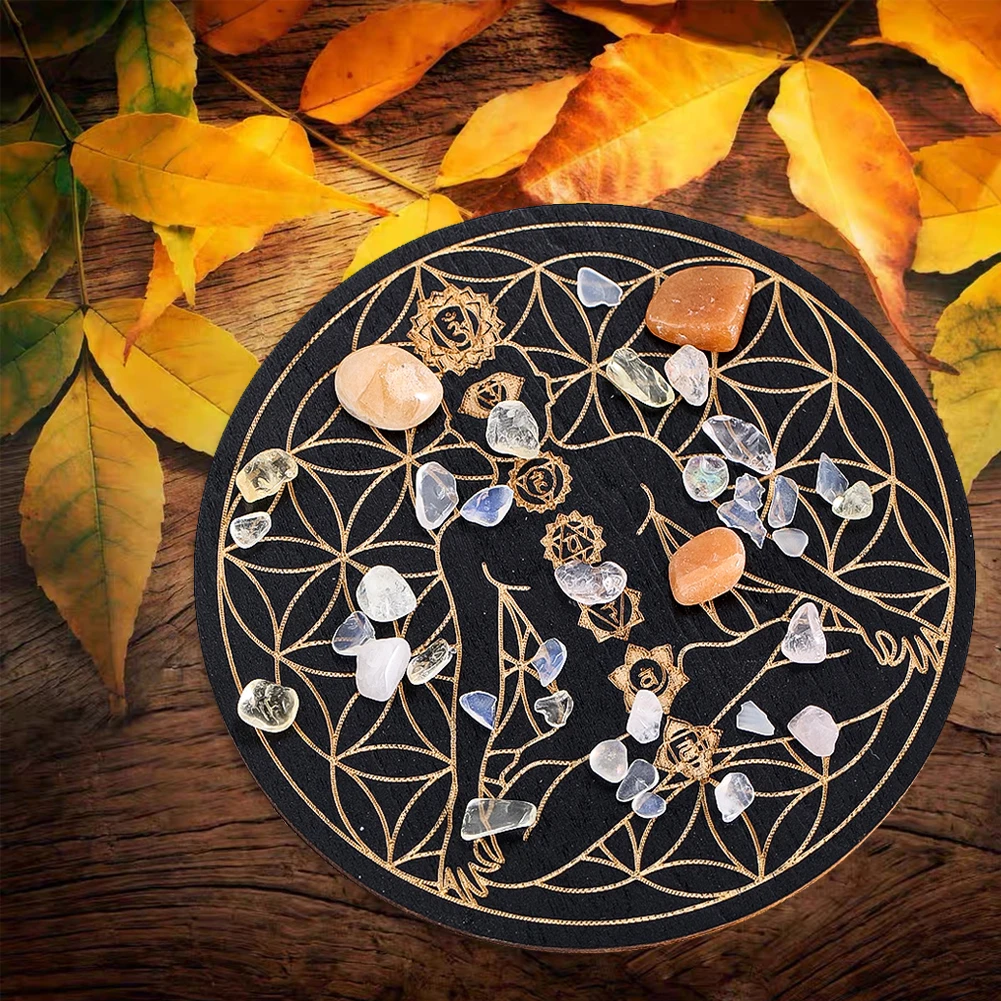 

Black Laser Engraved 7 Chakra Wooden Plank Meditation Yoga Energy Flower of Life Round Coaster Coaster Wiccan Divination Props
