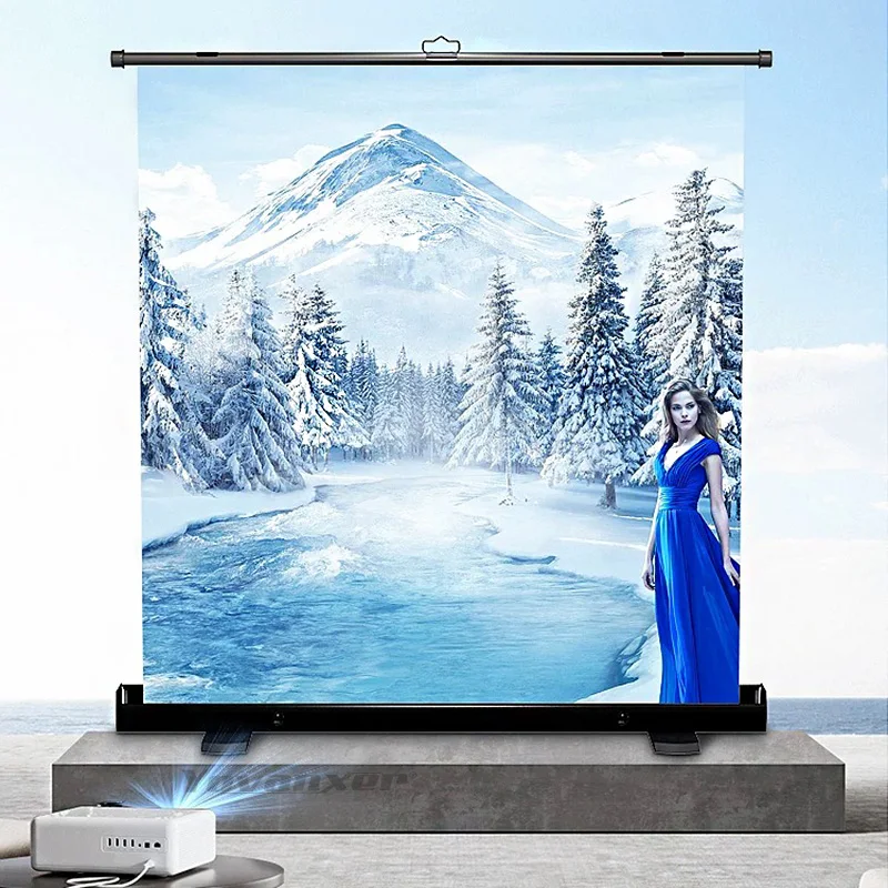 60-100 Inches Portable Floor Standing Projector Screen White Fiber Glass Full Up Screen 4:3 For Outdoor Home Theater Meetings