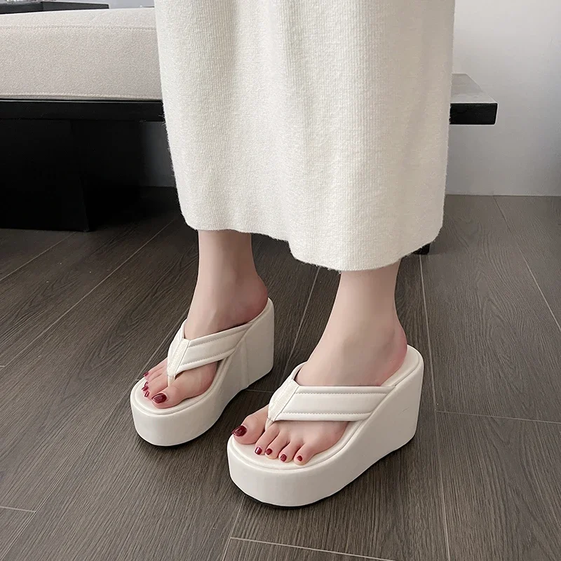 2023 Summer High Heel Wedge Flip Flops Women Clip Toe Chunky Platform Slippers Woman Casual Thick Bottom Blue Slides Ladies shoe