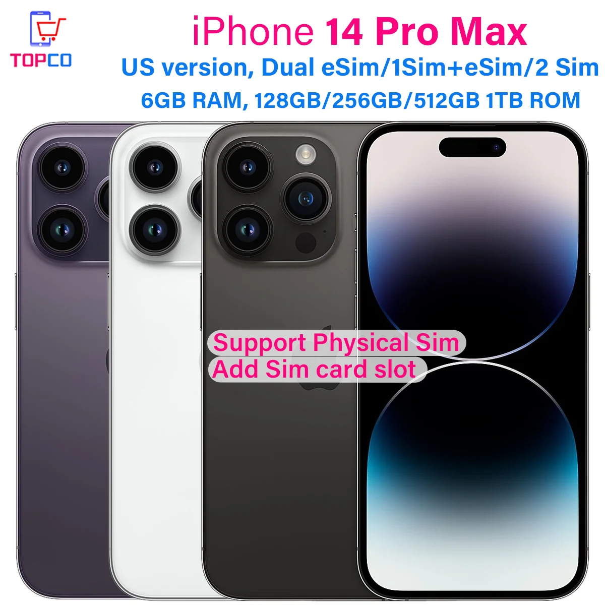 هاتف iPhone 14 Pro Max A2651 الأصلي 128/256/512GB/1 تيرا بايت ROM A16 eSIM/SIM 6.7 بوصة Retina OLED 6GB RAM NFC Face ID هاتف محمول