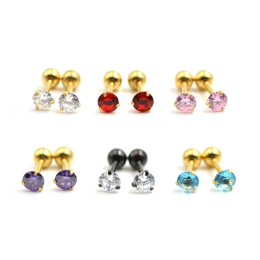 Multy Color For Choose 1Pair Screw-back 20G Men Women Stud Earrings Stainless Steel 3mm AAA Zircons Good Quality