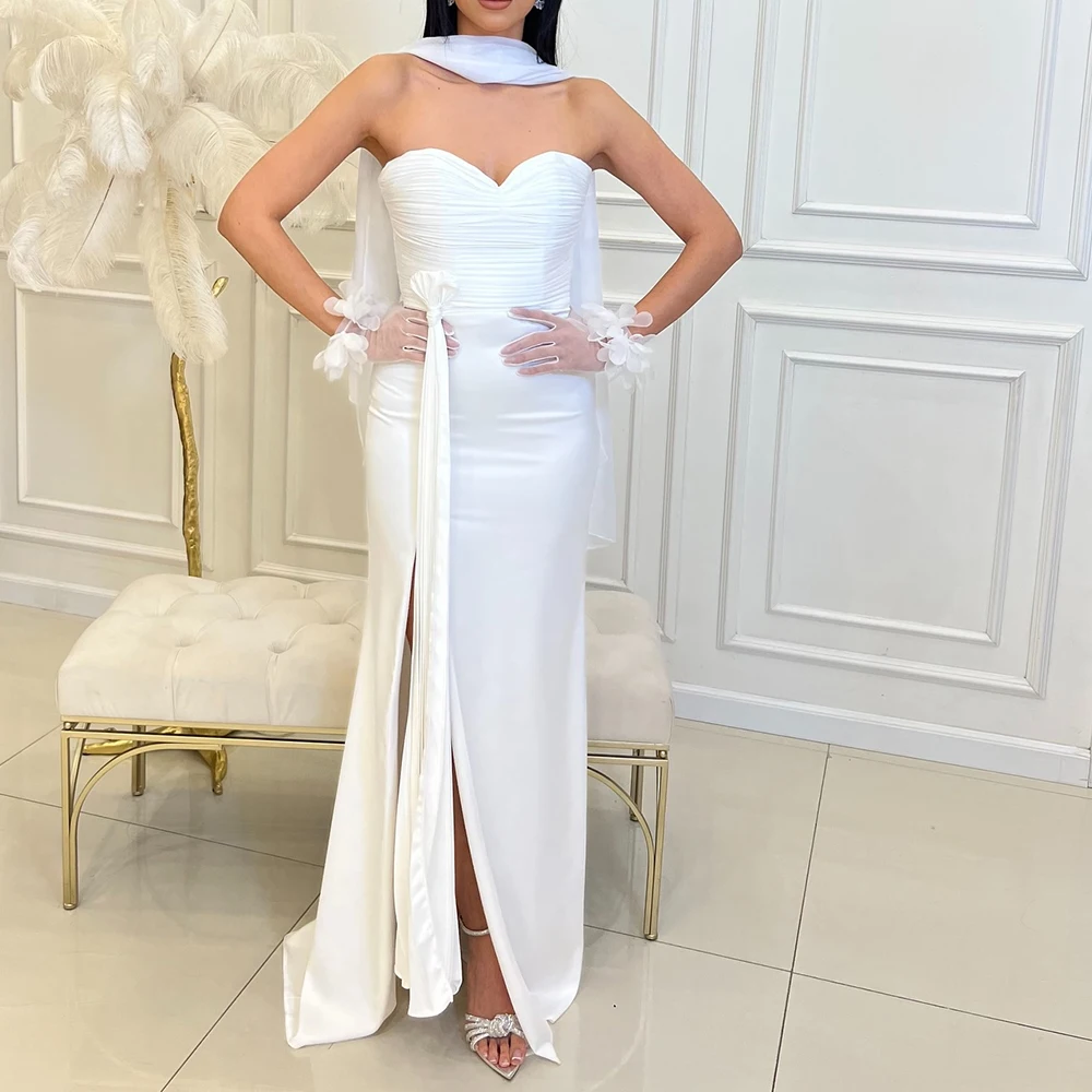 

Customized Graceful Mermaid Sweetheart Satin Ribbons Evening Dress Exquisite Front Slit Satin Pleats White Vestido De