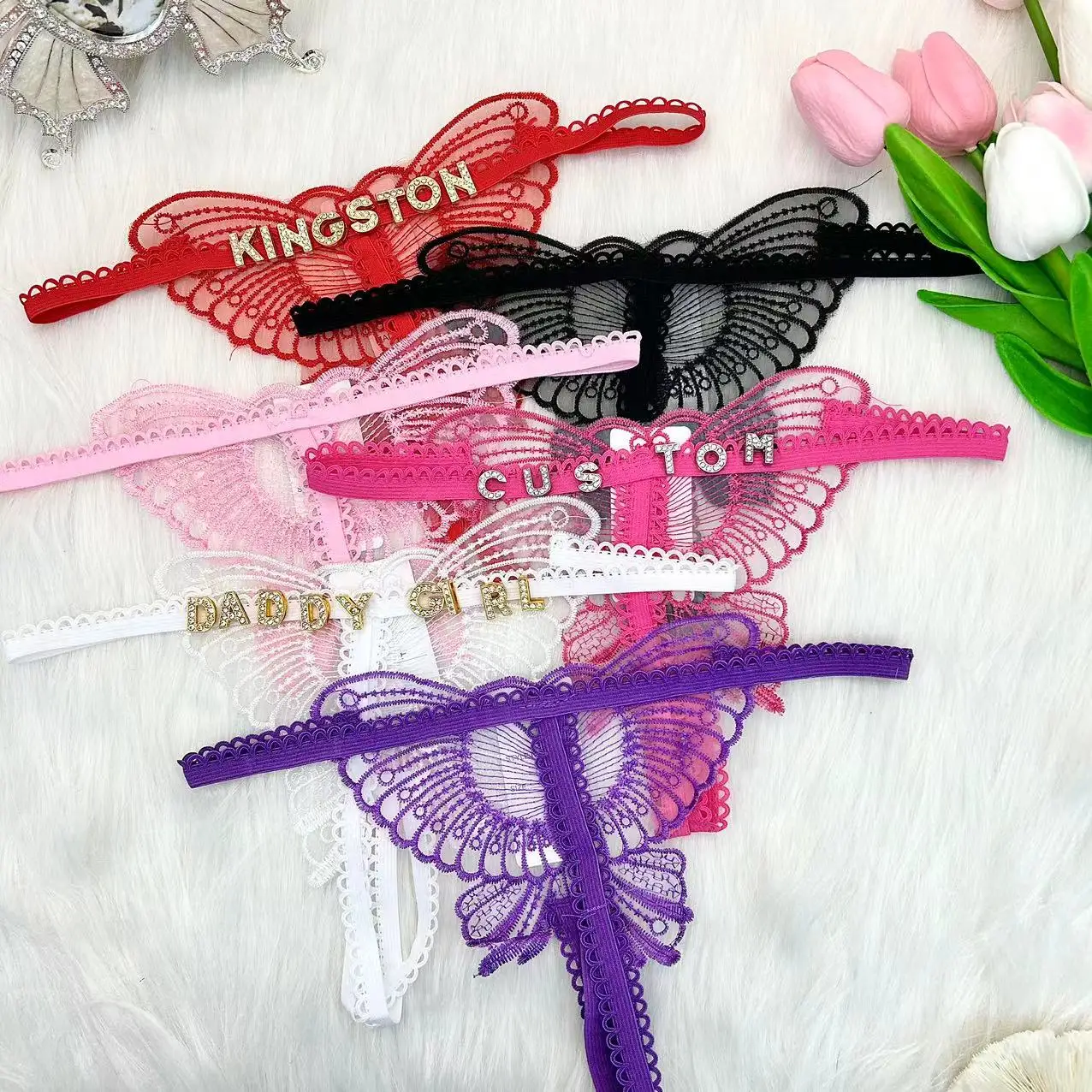 Sexy Custom Thong with Name Personalize Name Thongs Women Butterfly String With Rhinestone Letters Tanga Lingerie Bikini Jewelry