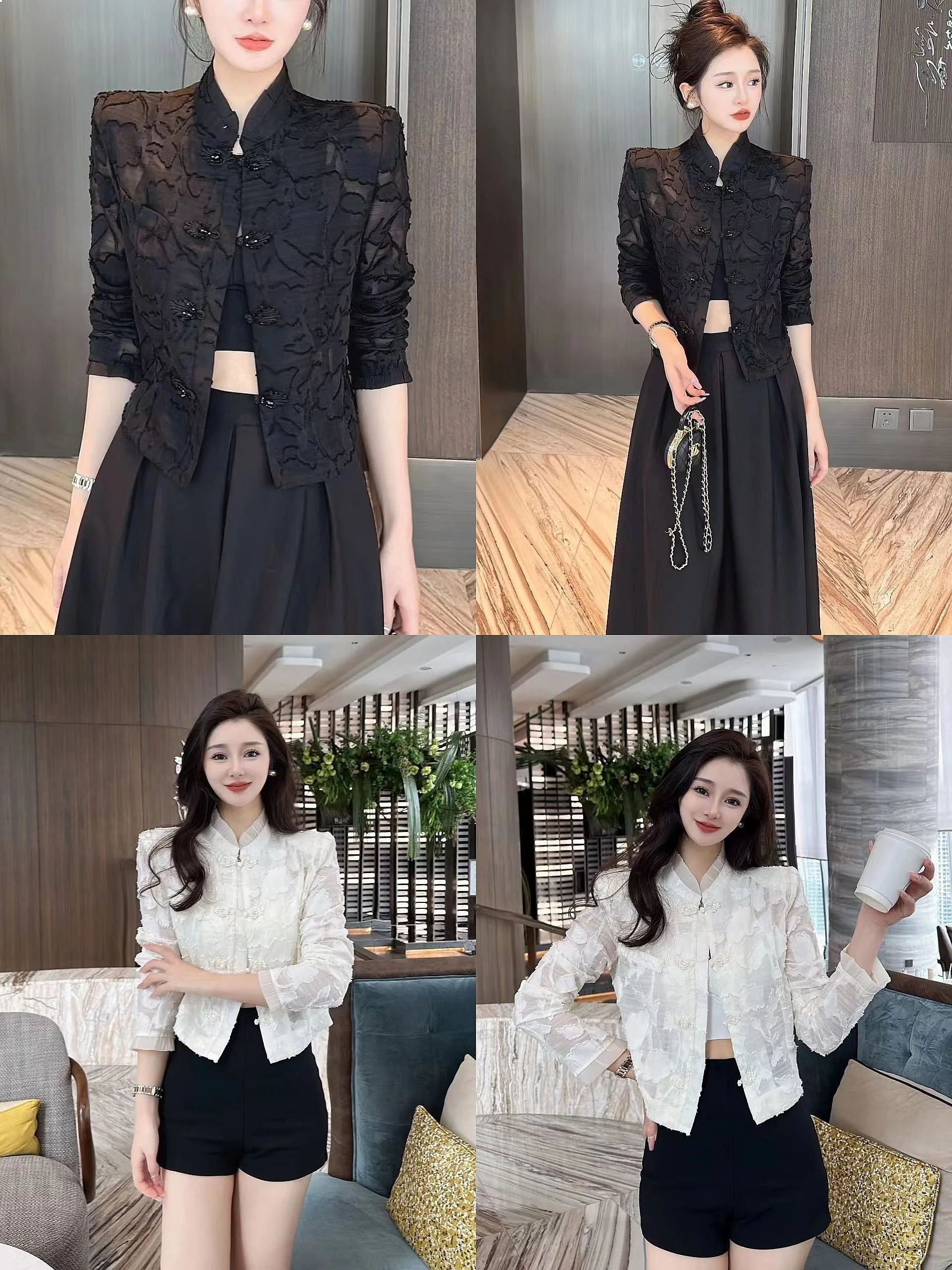 

2024 Spring/summer Fashion Women's New Stand Up Neck Short Coat Women's Style Slim Fit Thin Printed Top