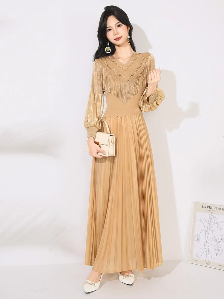 

High Quality Tassels Pleated Big Swing Dresses Spring Women Lantern Sleeve V Neck Dress New Autumn High Waist Ankle Length Dress