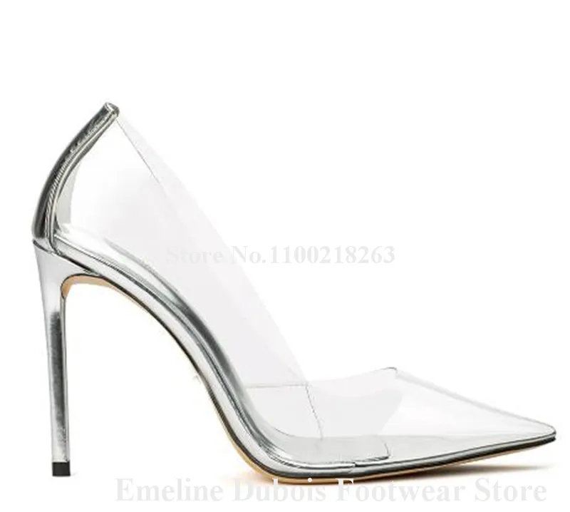 Clear PVC Pumps Emeline Dubois Pointed Toe Transparent Rose Pink Silver Patchwork Stiletto Heel Dress Shoes Party Big Size Heels