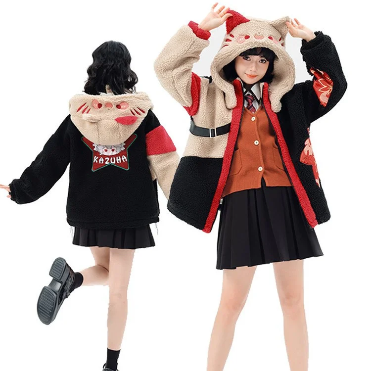 Genshin Impact Wool Coat Plush Hoodie Zhongli Xiao Kaedehara Kazuha Klee Cosplay Costume Sweatshirt Jacket Casual Warm Clothing