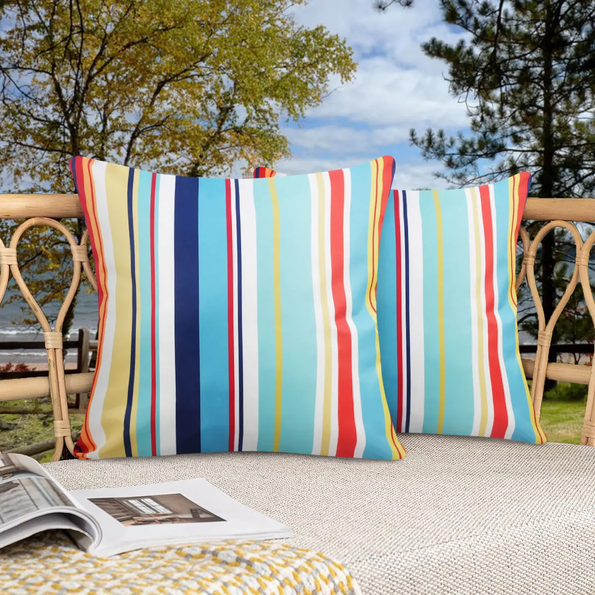 2-Pack Outdoor Waterproof Cushion Cover Summer Sunscreen Pillow Covers Cool Striped Printed Garden Anti Fouling Pillow Case