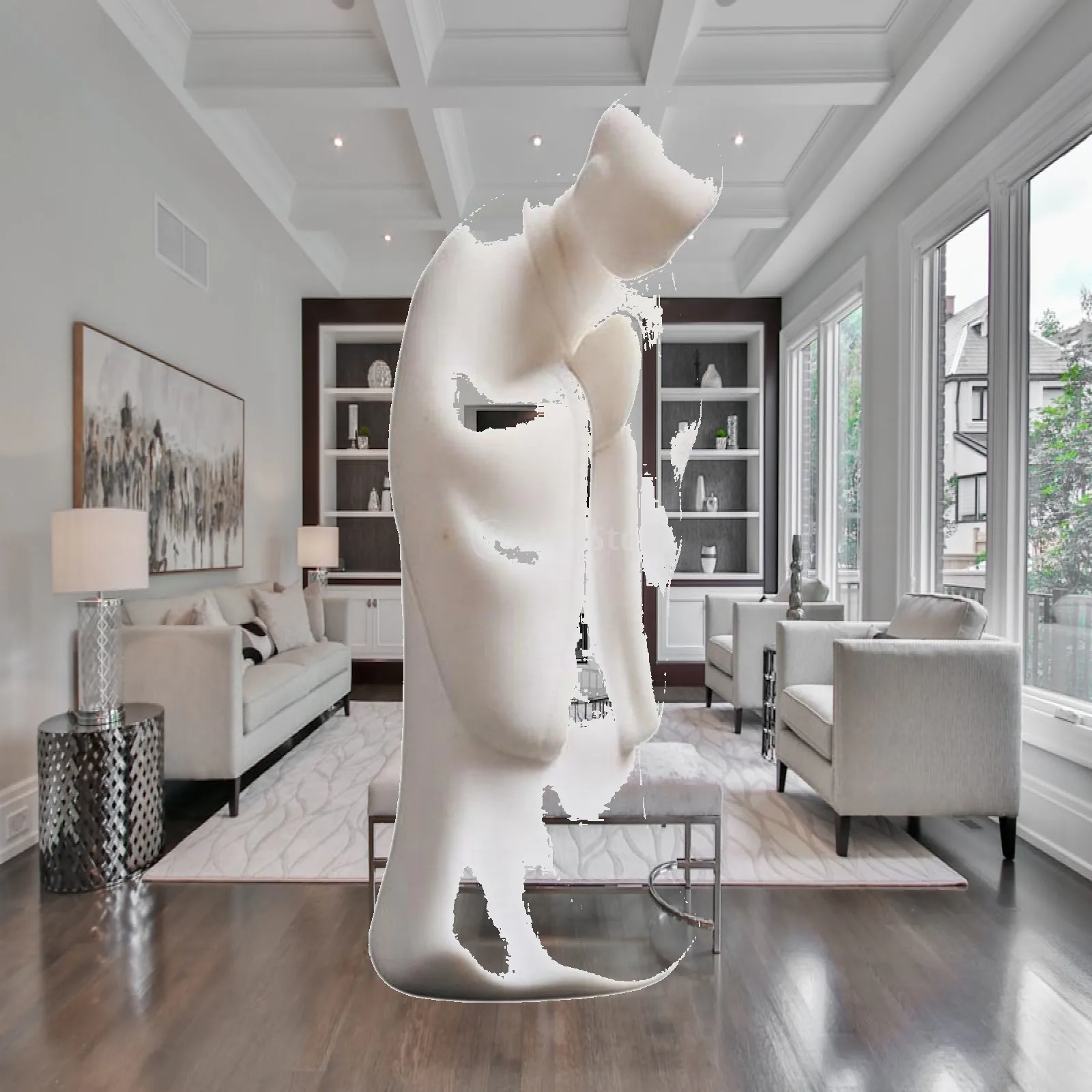 Statue de moine en porcelaine blanche, statue de porcelaine blanche paisible, atmosphère sereine