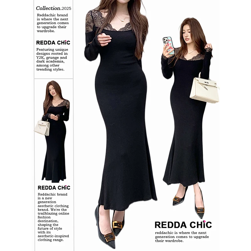 

ReddaChic женское кружевное вязаное платье в Корейском стиле, эластичное облегающее длинное платье миди с длинными рукавами и рыбьим хвостом, сексуальные осенние наряды