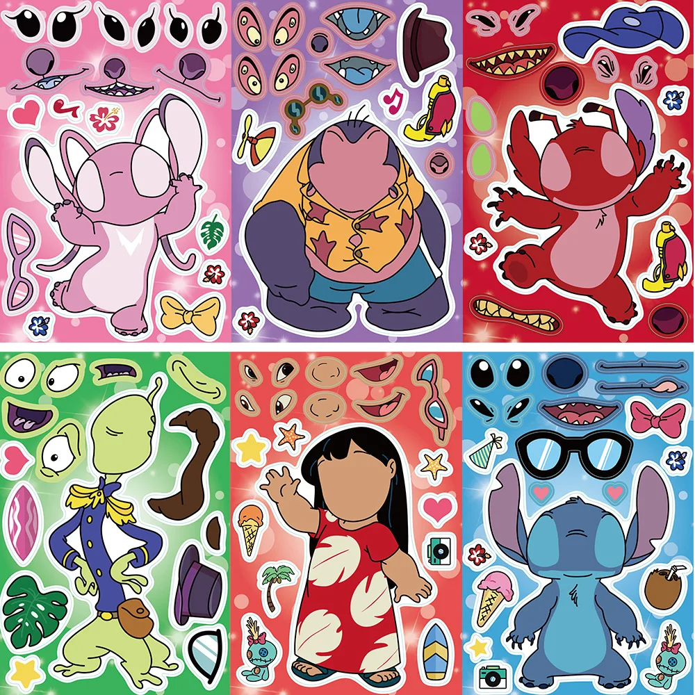 Autocollants de puzzle de dessin animé Disney Stitch pour enfants, faire un visage d\'anime mignon, jouets de bricolage, assemblage amusant, puzzle