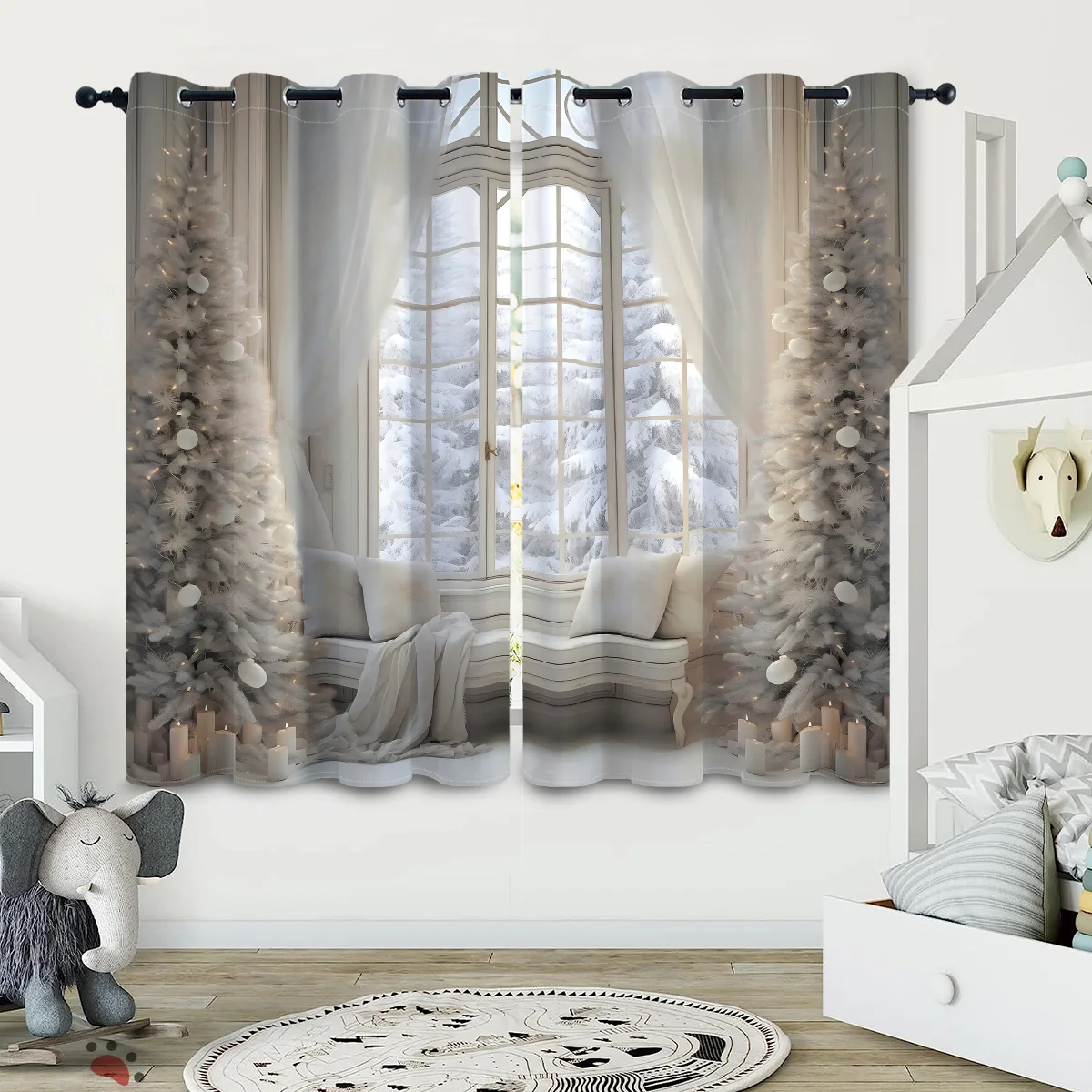 2pcs Christmas tree pattern printed blackout curtain, suitable for living room, bedroom, sliding, french window, Christmas decor