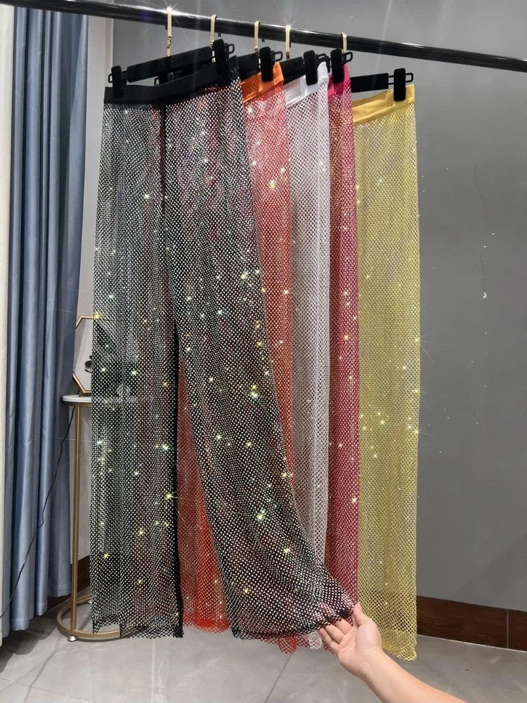 Sexy Colorful Diamonds Beaded Mesh Hollow Wide Legs Pants Fishing Net Rhinestones Trousers Sparkling Elastic Waist Pantalones