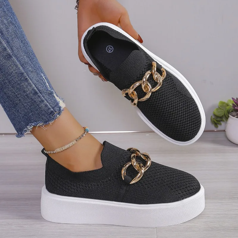 Thick-soled fly-woven breathable low-top single shoes women's chain decorative foot cover lazy loafers canvas shoes