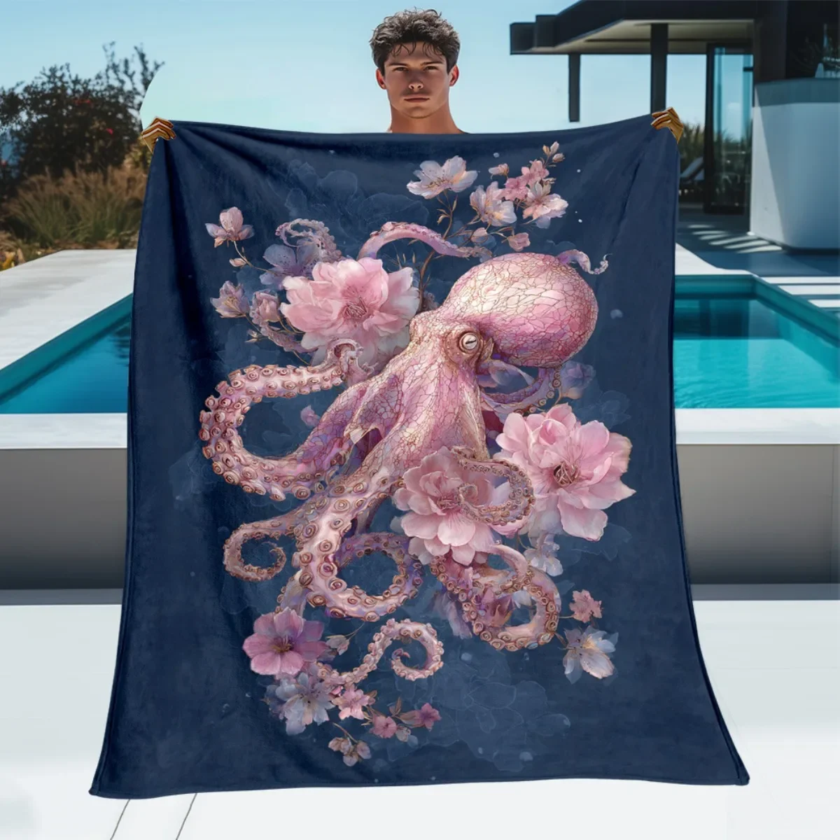 UltraSoft Pink Octopus Floral Throw Blanket  Lightweight Flannel for All Seasons Perfect for Couch or Bed  Navy Blue with Soft P