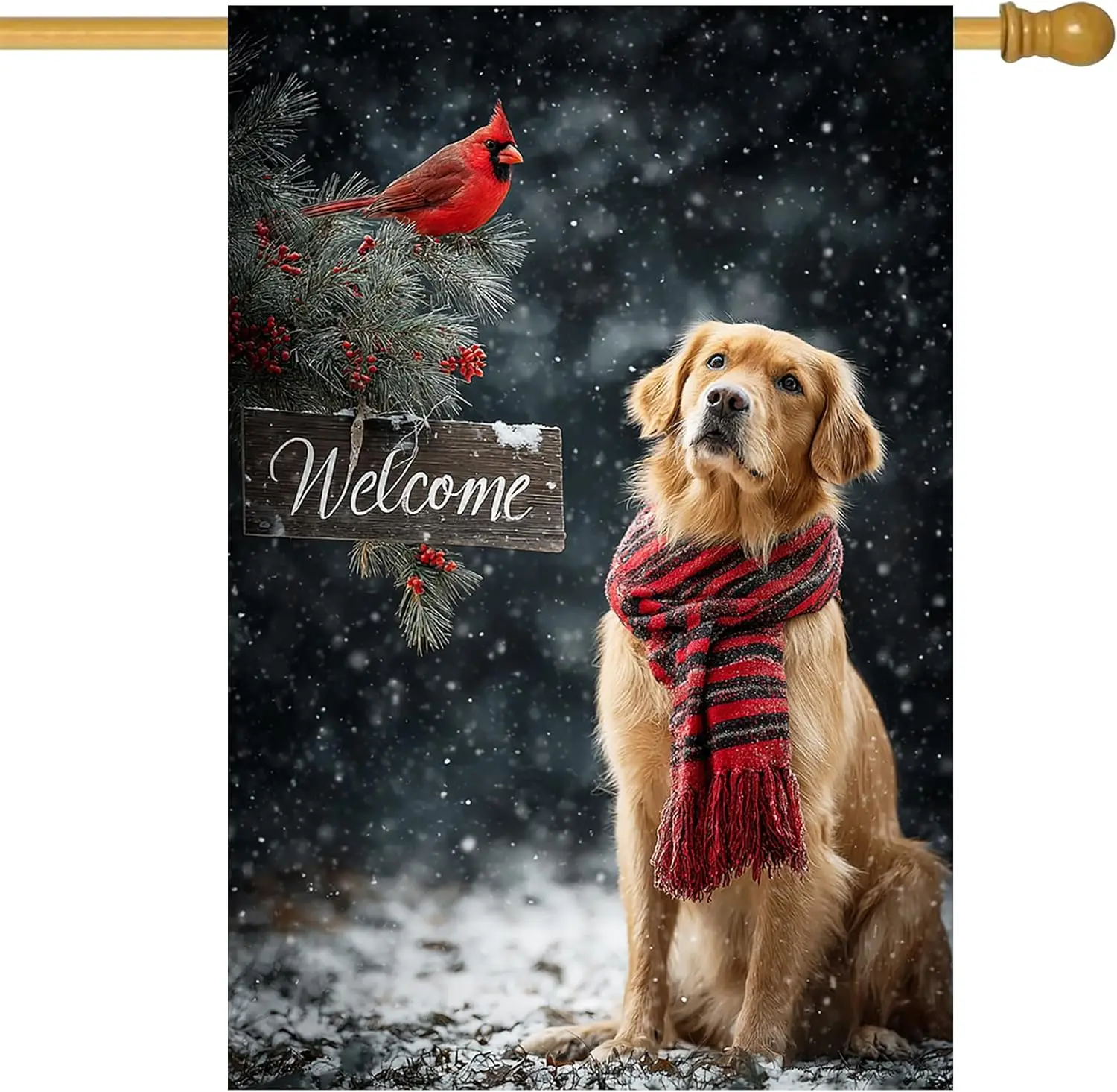 Welcome Garden Flag Golden Retriever Dog Scarf Cardinal Bird Welcome Sign Winter Snow Scene 28 x 40 Inch Double Sided Large  EEZ