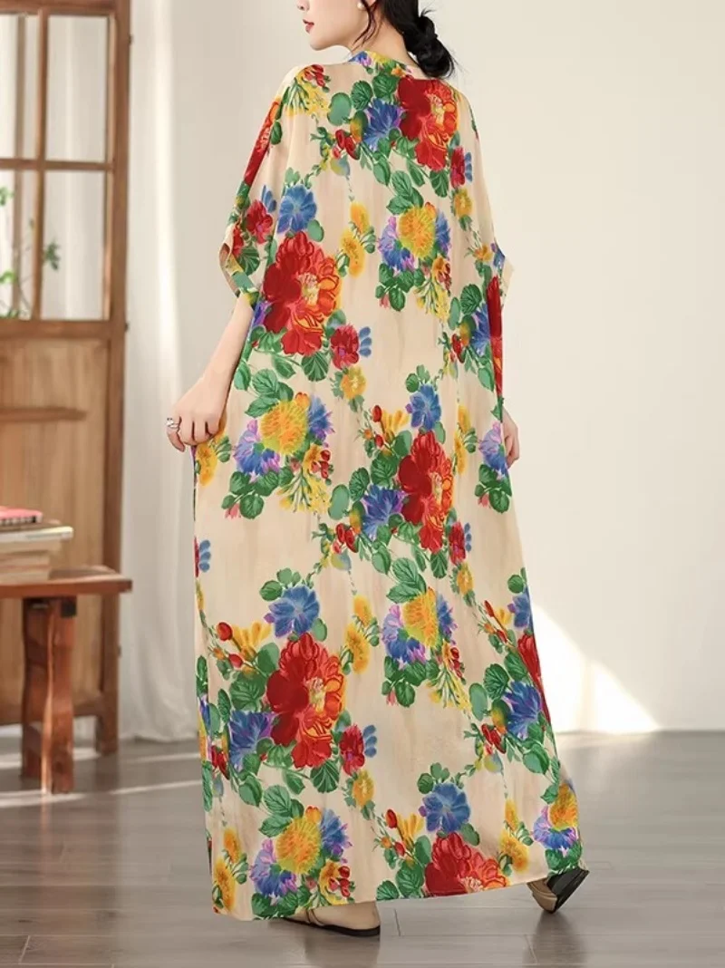 여성용 오버사이즈 루즈핏 드레스 |   면 린넨 브이넥 배트윙 슬리브 |   여름용 꽃무늬 비치 바캉스 드레스 w1885