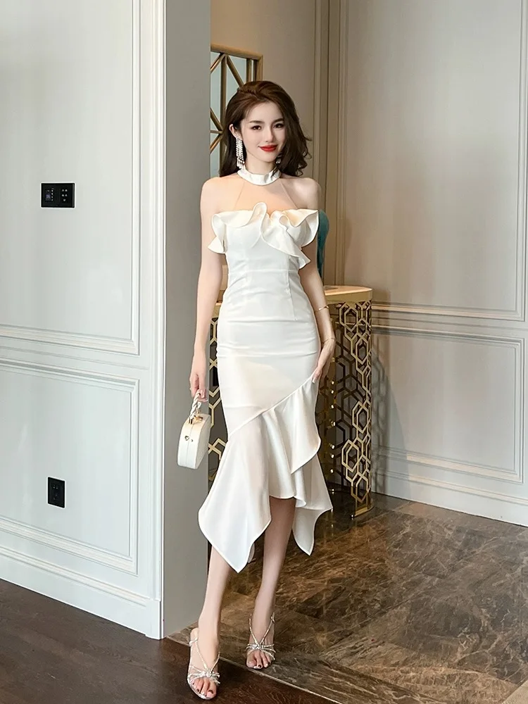 Sexy one-shoulder halter neck mini dress exquisite romantic white ruffled hip fishtail dress