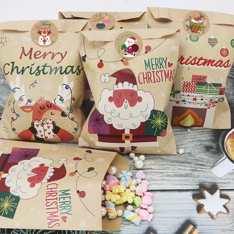 24Set Christmas Gift Bag Kraft Paper Bags Santa Claus Snowman Xmas Party Candy Bag Cookie Xmas Packaging Bag Pouch Wrapping