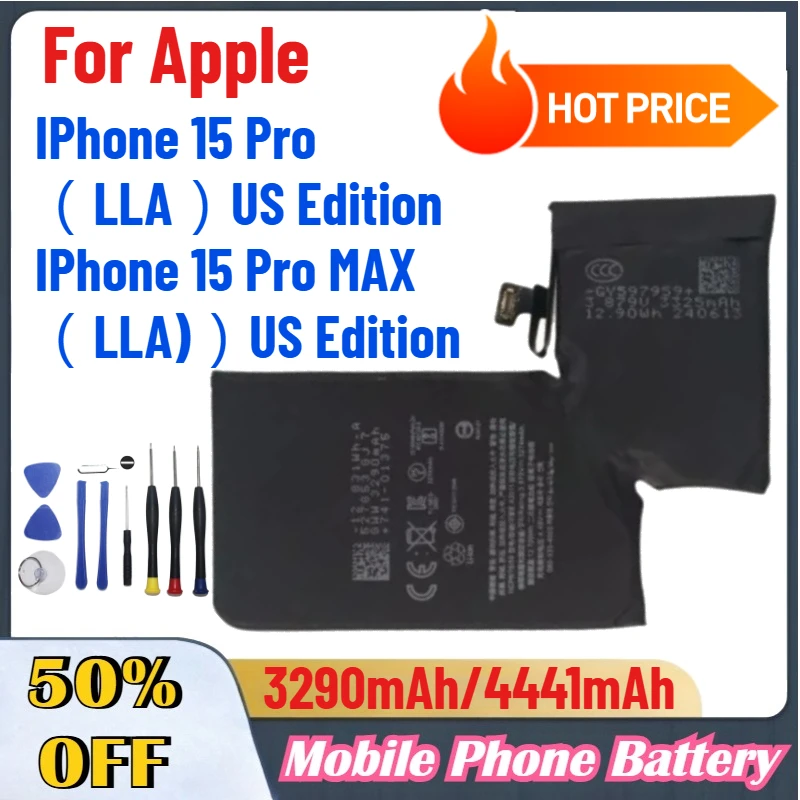 3290mAh 4441mAh Mobile Phone Replacement Battery for Apple IPhone 15 Pro（LLA) US Edition 15 Pro MAX（LLA)  US Edition with Tools