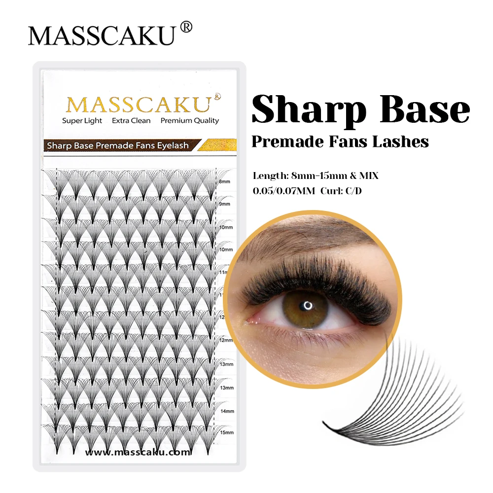 

Factory Wholesale MASSCAKU Faux Mink Thin Root Pointy Base Eyelash Waterproof 6D/8D/10D Sharp Narrow Stem Lashes for Makeup Use