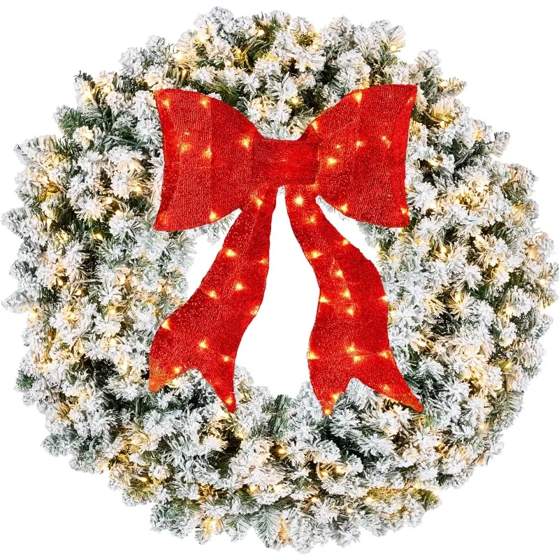 Christmas Wreath Holiday Accent Decoration for Door, Mantel W/Red Lighted Bow, 375 LED Lights, 930 PVC Tips, Power Plug-in